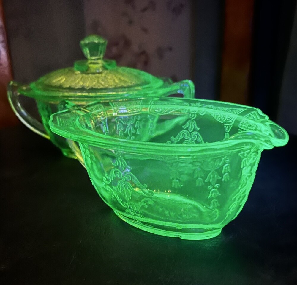 VTG Anchor Hocking Princess Uranium Green Depression Glass Cream Sugar 3pc Set